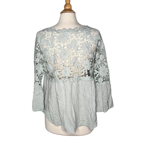 aeom Aqua Lace Trim Button-Up Blouse Sheer Open Back Flowy Bohemian Floral ST14 - Picture 2 of 11